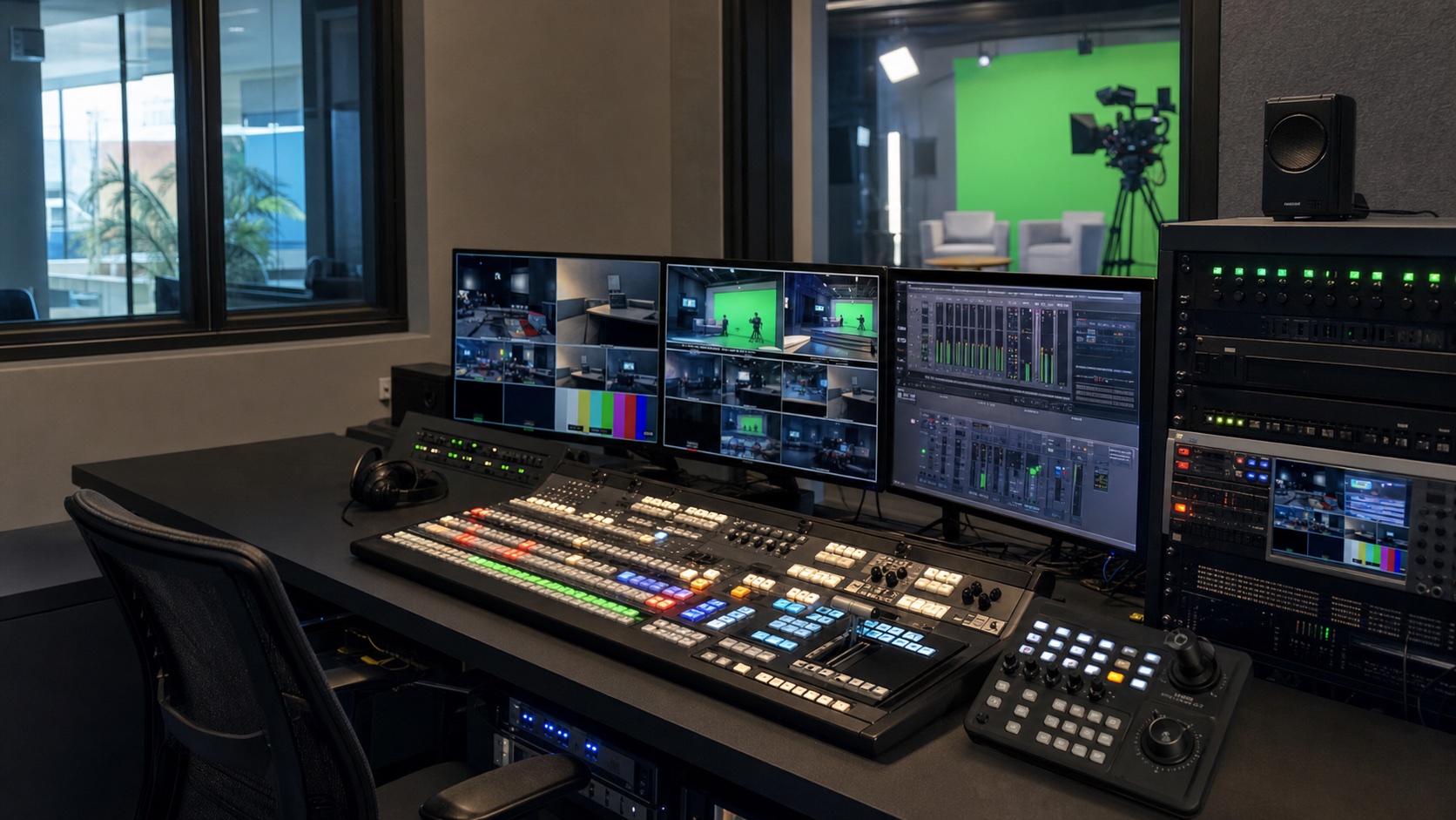 Concept AV and broadcast control room with switcher, audio controls, multiview monitors, rack gear, PTZ camera controls, and studio view