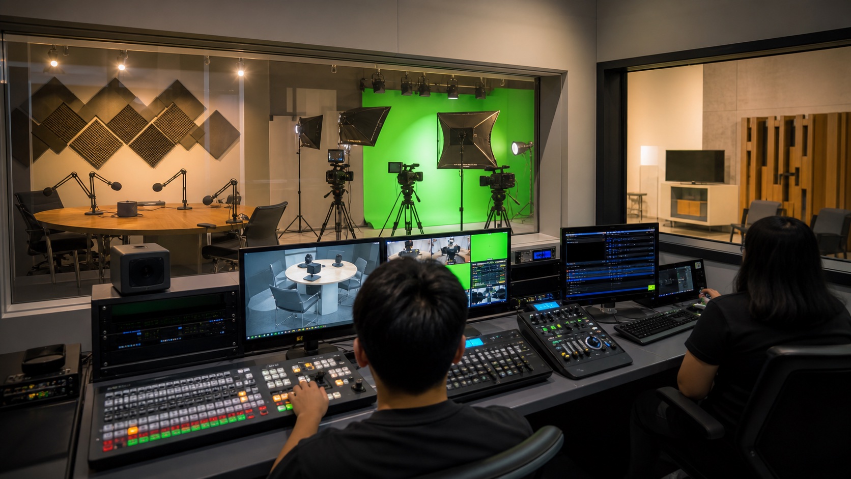 Concept campus TV and radio studio with podcast table, green-screen studio, camera positions, lights, and control desk