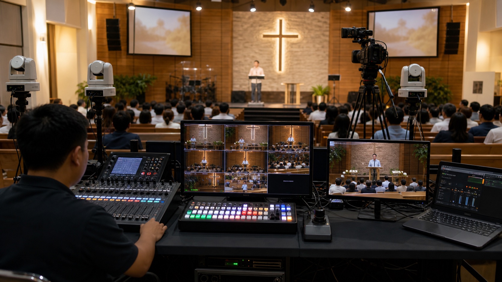 Concept church live production system with PTZ cameras, tripod camera, switcher, audio mixer, multiview monitor, and operator position