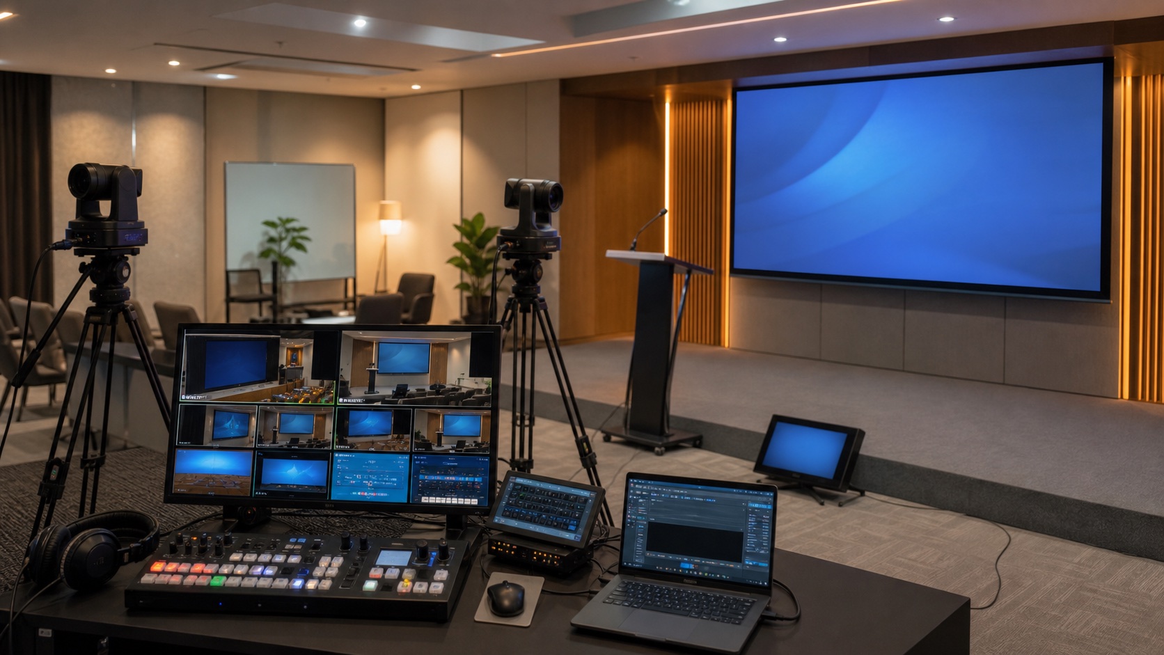 Concept corporate town hall studio with presentation screen, cameras, operator desk, switcher, and recording laptop