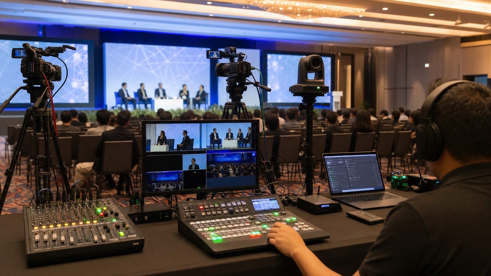 Concept conference broadcast kit with stage cameras, PTZ camera, audio mixer, switcher, program monitor, and streaming laptop
