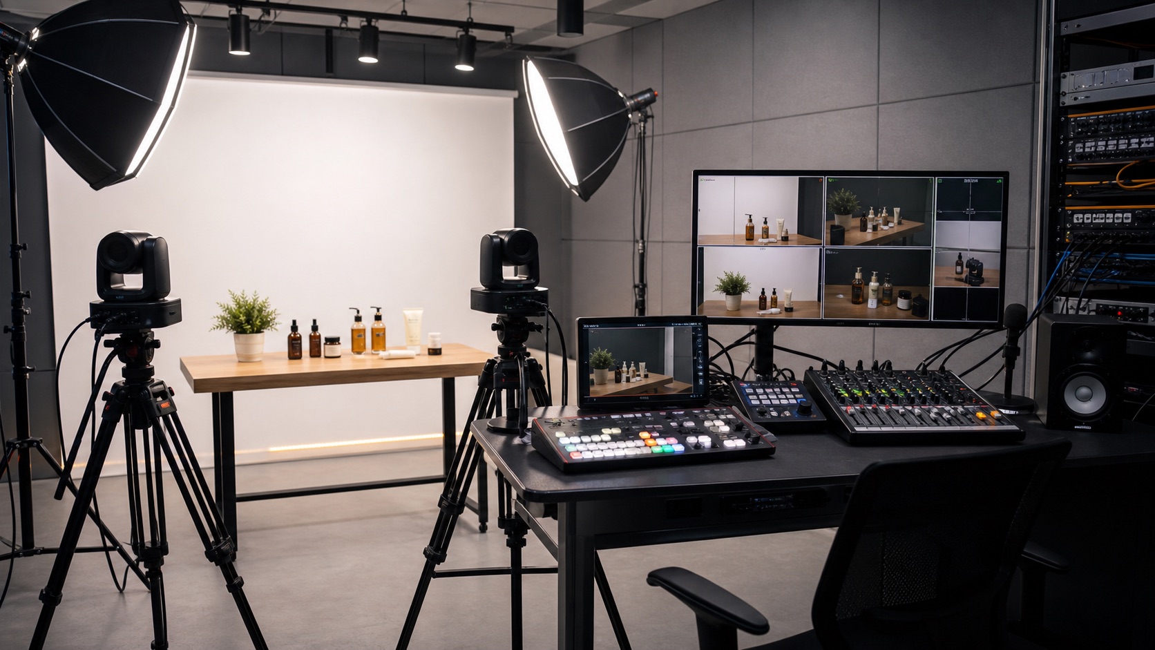 Concept live selling studio with product table, PTZ cameras, soft lights, switcher, audio mixer, multiview monitor, and operator position