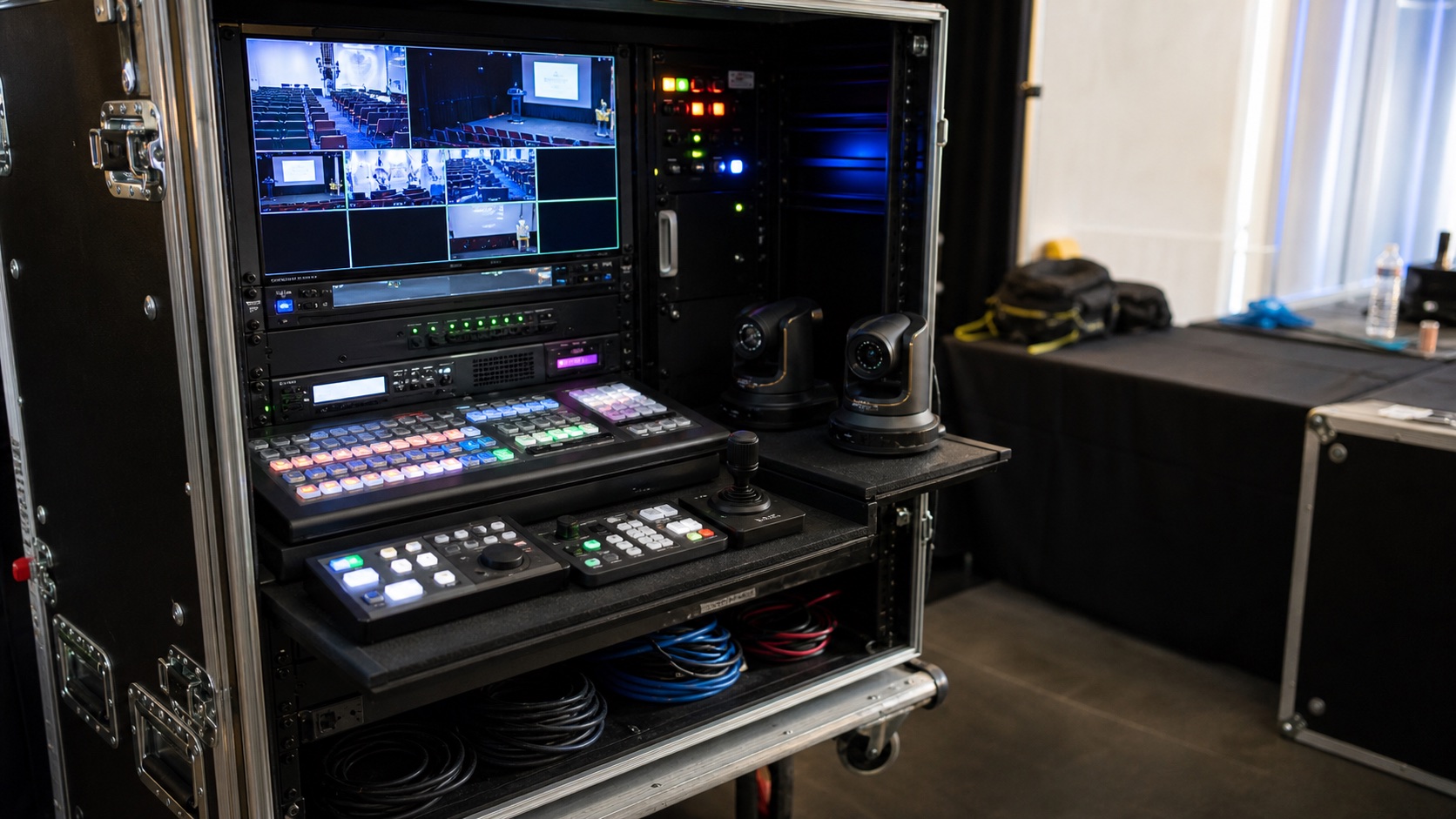 Concept mobile OB production rack with multiview monitor, switcher, PTZ controller, rack gear, cameras, and organized cables