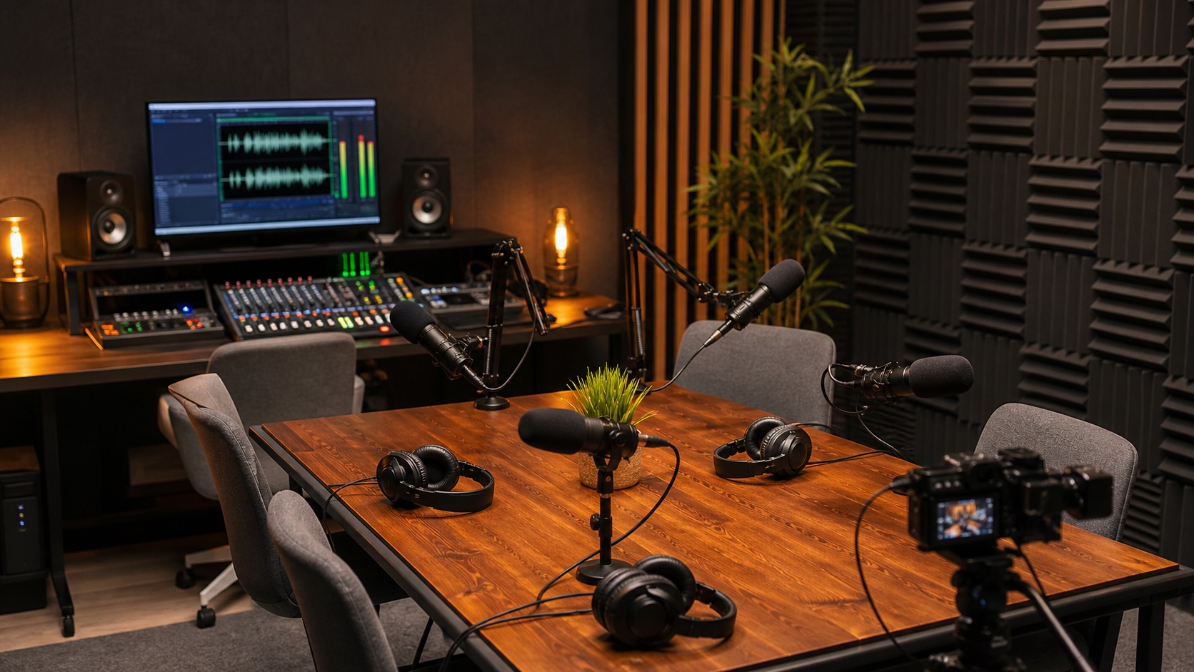 Concept radio and podcast studio with microphones, headphones, acoustic treatment, camera, mixer, and recording monitor