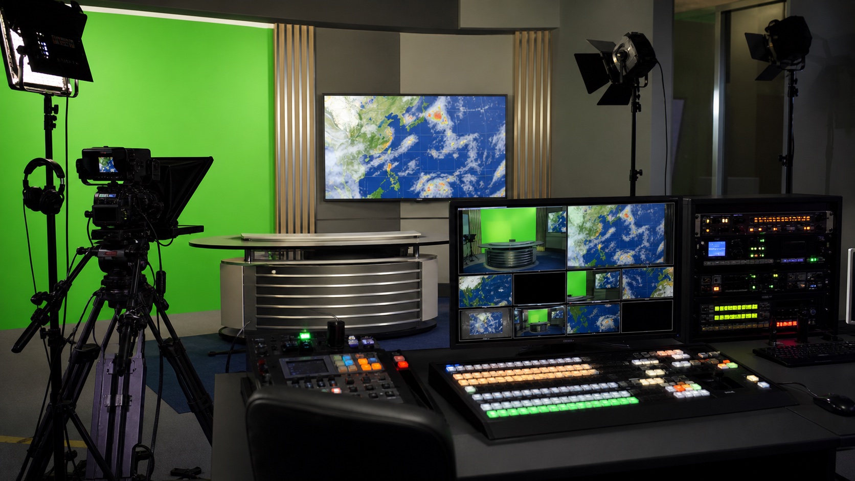 Concept weather and news studio workflow with green screen, presenter desk, camera, lighting, multiview monitor, switcher, and rack gear