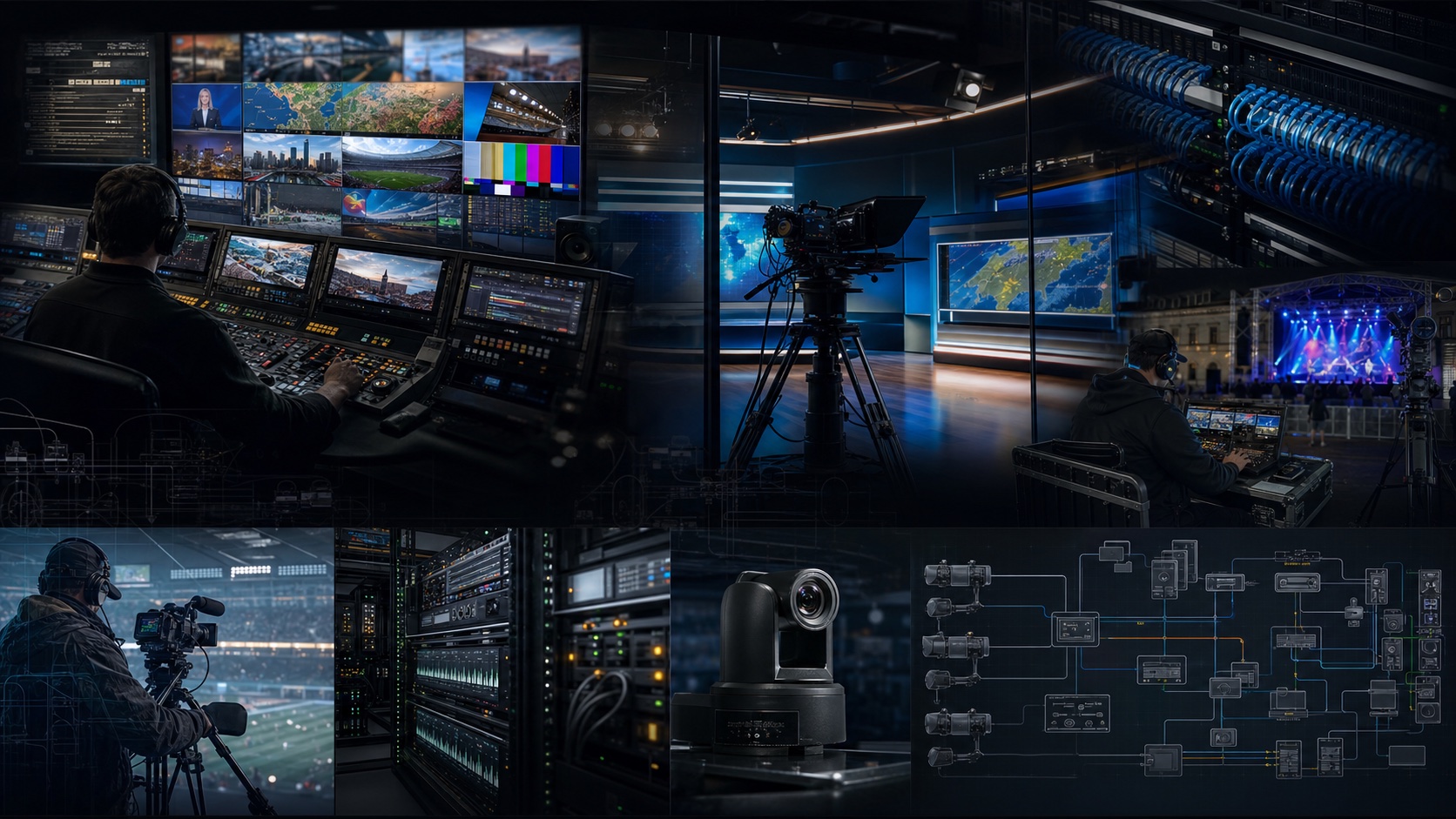 Generated concept collage of broadcast control room monitors, PTZ cameras, rack gear, field installation, live event controls, and workflow diagrams